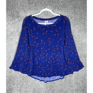 Elle Top Womens Size XL‎ Blue Floral Tunic Hi-low Stretch Long Sleeve Slit Cuffs